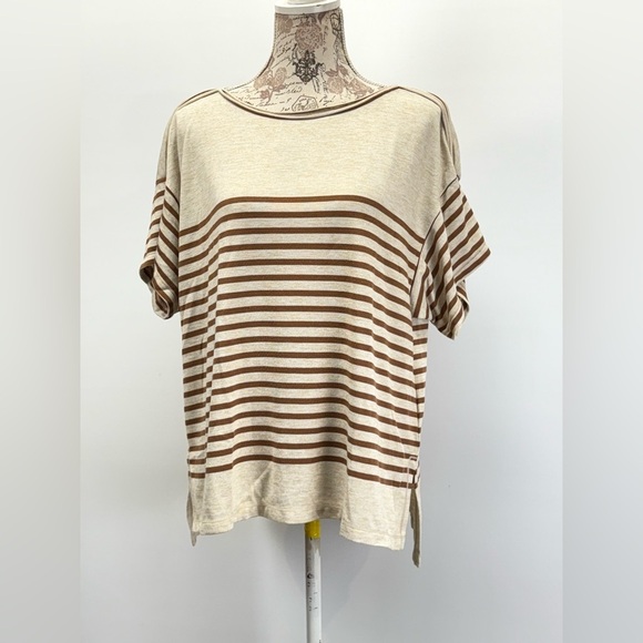 MAX STUDIO Beige and tan Striped Short Sleeve Top size L - Picture 14 of 15